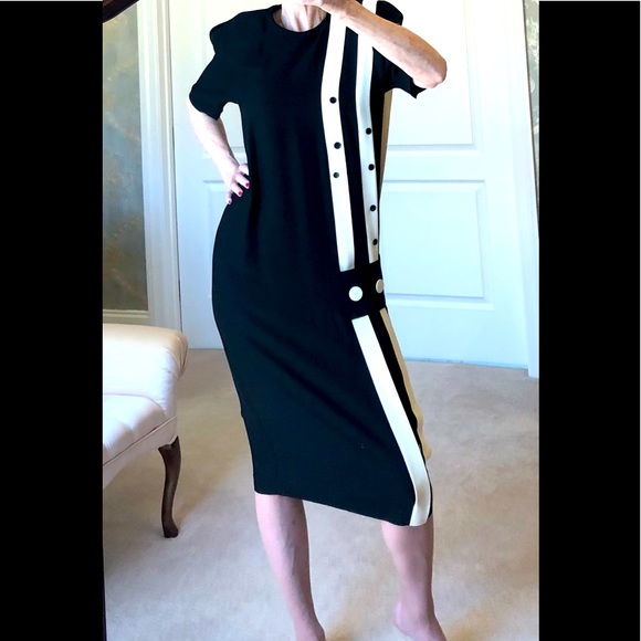 VTG 90s/20s designer Color block black & ivory dress Pleat & button detail sz 8. - Picture 5 of 12
